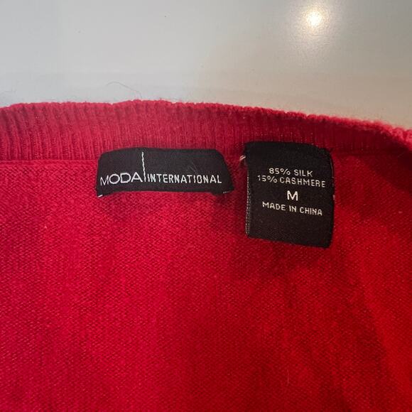 Moda International Silk Cashmere long sleeve  Knit Sweater Red Medium V Neck - Picture 6 of 8